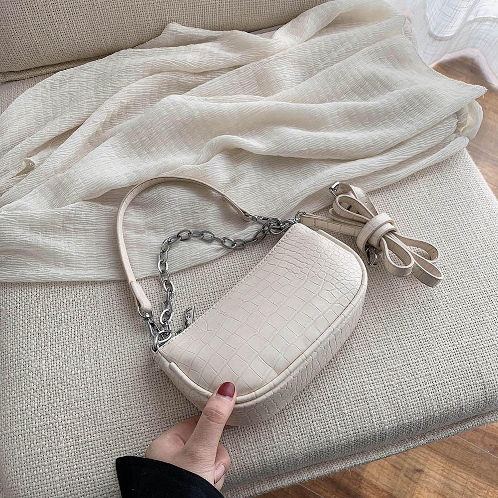 Retro schoudertassen voor dames, schoudertassen met ketting, handtassen, effen kleur, dames, leren tassen met ketting: Beige