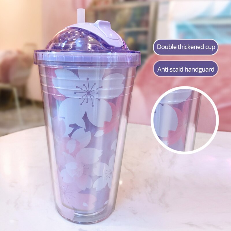 Yenhome double layer tumbler cup reusable romantic couple ice drink mug heat insulation cold insulation straw with lid 16 oz