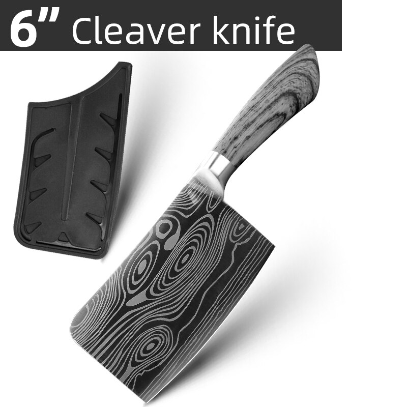 Cuchillo de cocina de acero inoxidable 7Cr17 440C, herramienta de Chef de Damasco para dibujar carne, Santoku, 1-9 piezas: 6inch Cleaver