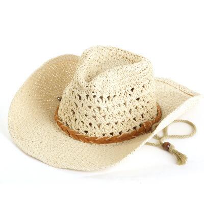 100% Handwork Summer Women Men Western Straw Cowboy Hat For Gentleman Wide Brim Boater Panama Jazz Hats Godfather Sombrero Cap: beige / Child size