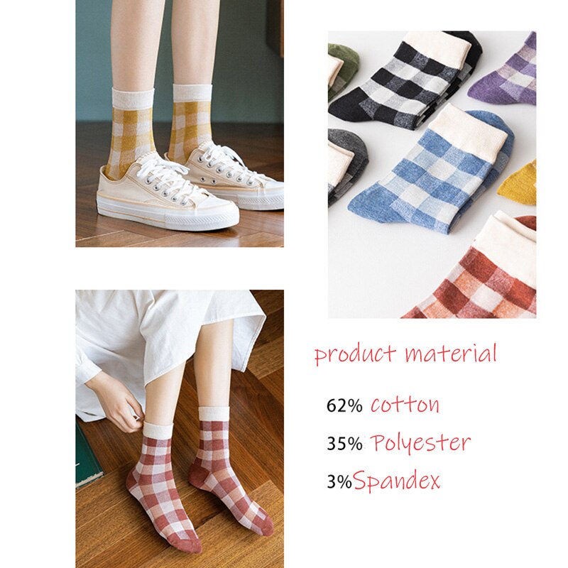 Girls Plaid Print Colorful Women Cotton Socks Funny Harajuku Cute Crew Ankle Casual Ladies Long Tube Socks