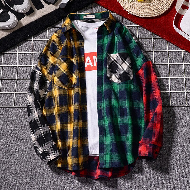 Spring And Autumn Plaid Long-Sleeved Shirt For Men And Women Couples Loose Color Matching Hip-Hop Trend Thin Shirt