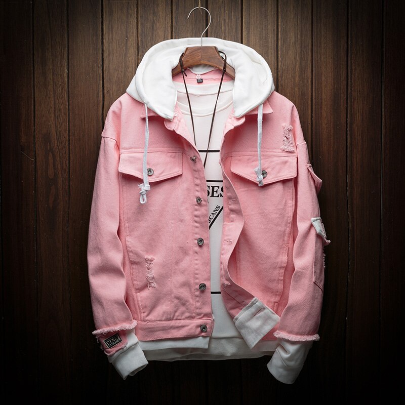 Men Autumn Hooded Denim Jackets Pink Jean Coats Good Men Cotton Holes Denim Coats Jean Jackets Size 3XL: Pink / XL