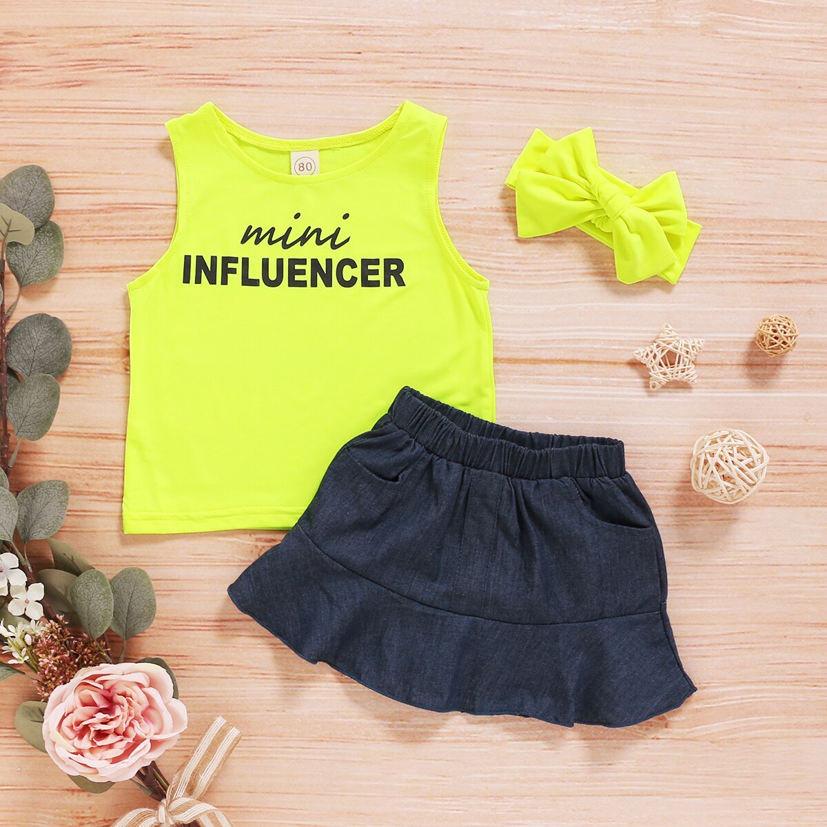 Baby zomerkleding 0-5t baby meisjes kledingsets fluorescerend groen vestje tops denim rok hoofdband 3 stuks outfits