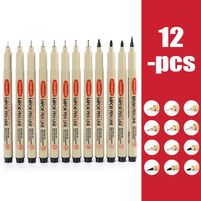 3-12Pcs Pigment Liner Micron Drawing Pen Manga Pigma Ink Marker Pen Sketching Brush Set Hook Line Needle Pen Art Supplies