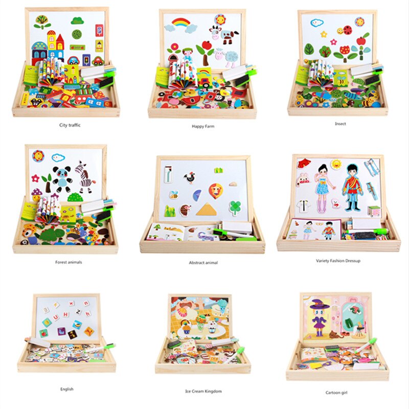 15 Style Wooden Magnetic Puzzle Double-Sided Drawing Board Farm/Animals/Vehicle/Circus Puzzle Toys for Children With Box