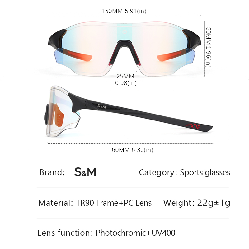 S&M Photochromic Glasses Marathon Sports Change Windproof Glasses Cycling Sunglasses Women's Bicycle Glasses UV400 Goggles