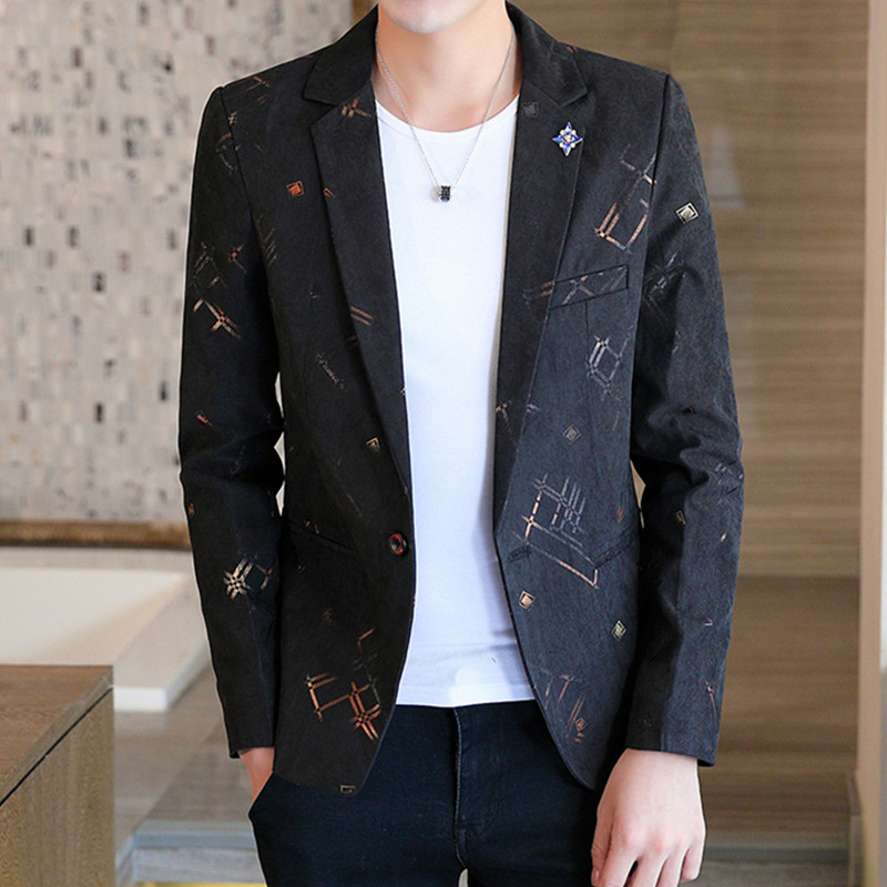 Männer der Jugend Beiläufige Dünne High-End-Druck Anzug Blazer/Männlichen Bankett Jacke Mantel: Black / Asian L is Eur S