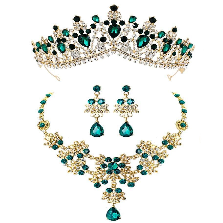 Ensemble de bijoux rétro Baroque pour mariée, collier, boucles d&#39;oreilles, diadèmes, couronne, vert, bleu, perles africaines: 3Pcs Green  Set