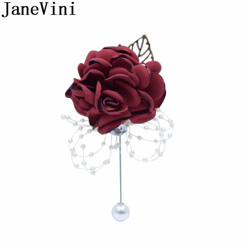 JaneVini Do Vintage de Pérolas de Cristal Do Casamento Do Noivo Corsages Flores Cor de Vinho Homens Padrinhos De Casamento Boutonniere Acessórios de Botão