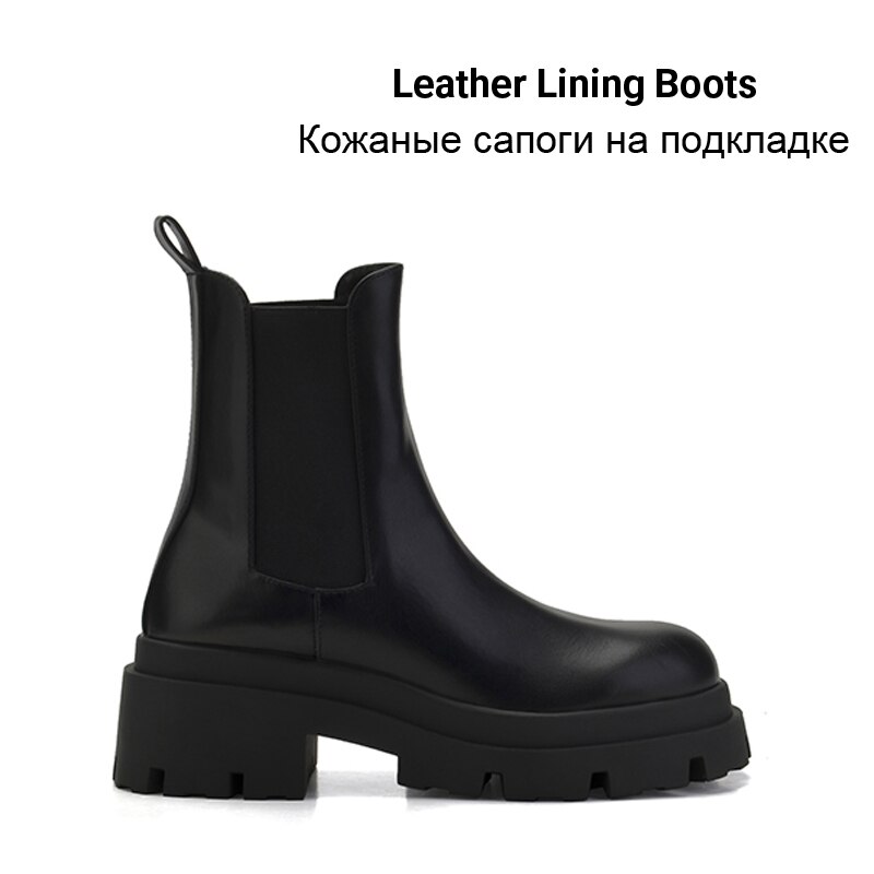 Warme enkellaarsjes met bont voor dames, instappers voor dames, chelsea boots, zwarte leren laarzen met dikke hak en plateauzool voor dames, winterschoenen: Zwarte leren voering / 9