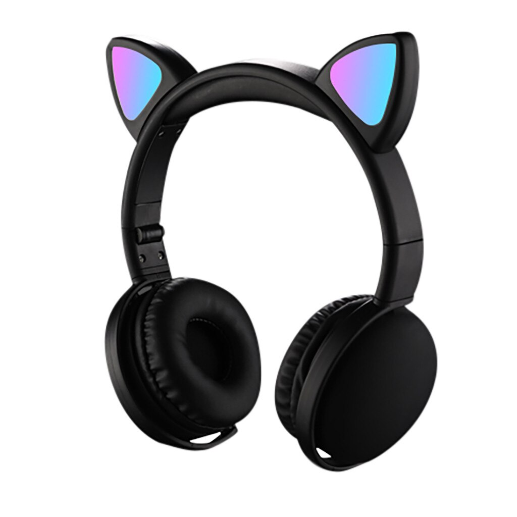 LED Cat Ear Noise Cancelling Headphones Bluetooth 5.0 LED Light Foldable Adjustable Headset 3.5mm Plug With Mic: Black 