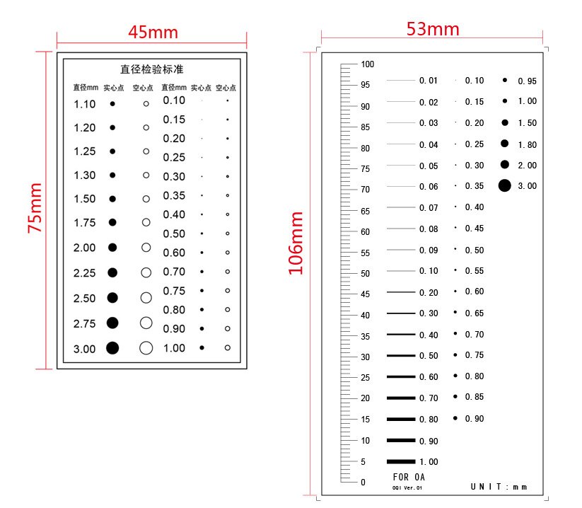 65x100mm Standard Point Gauge Film Ruler Line Width Diameter Area Comparison Card Micrometer for Defect Detection