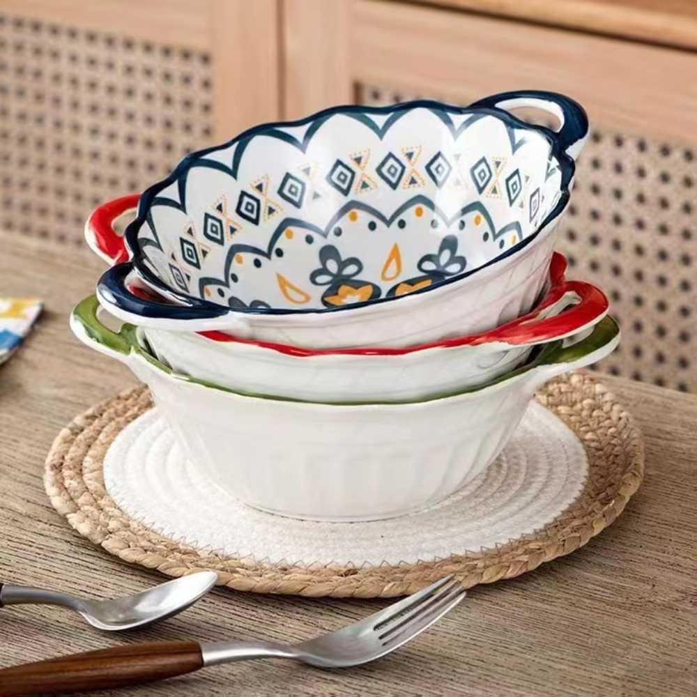 Lovely large capacity ceramic soup bowl with handle Suitable for salads, fruits, pasta, desserts, etc Suitable for the oven