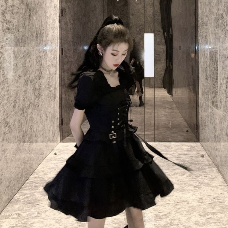 Victorian Renaissance Black Gothic Lolita Dress Japanese Girl Vintage Punk Style Puff Sleeve Bandage Mini Dress Women Dresses
