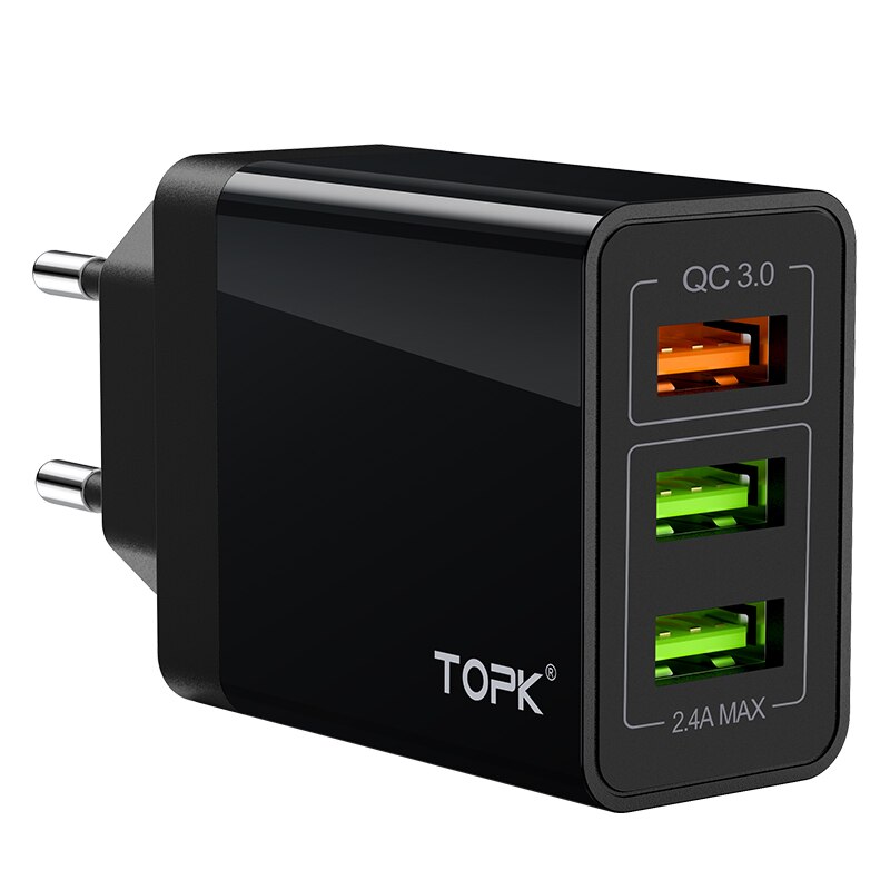 TOPK B348Q USB Quick Charge 3.0 With 3 Ports EU Wall Charger Fast Charging For iPhone Samsung Xiaomi: Black