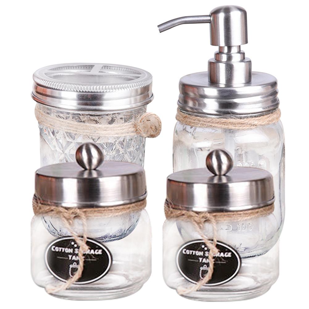4 pièces/ensemble Mason Jar large bouche verre bouteille savon distributeur support salle de bain accessoires stockage conteneur ensemble stockage à domicile: Silver