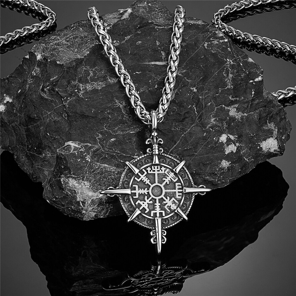 Collar con brújula vikinga de Color dorado Retro para hombre, amuleto de runas nórdicas de acero inoxidable antiguo, colgante Vegvisir Homme, joyería islandesa: Oro oscuro