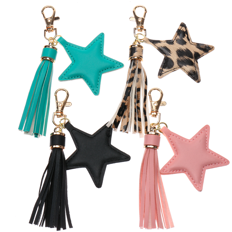 LLavero de borla de cuero PU a la para mujer y niña, colgante de estrella, llaveros con cierre de langosta, accesorios para bolso