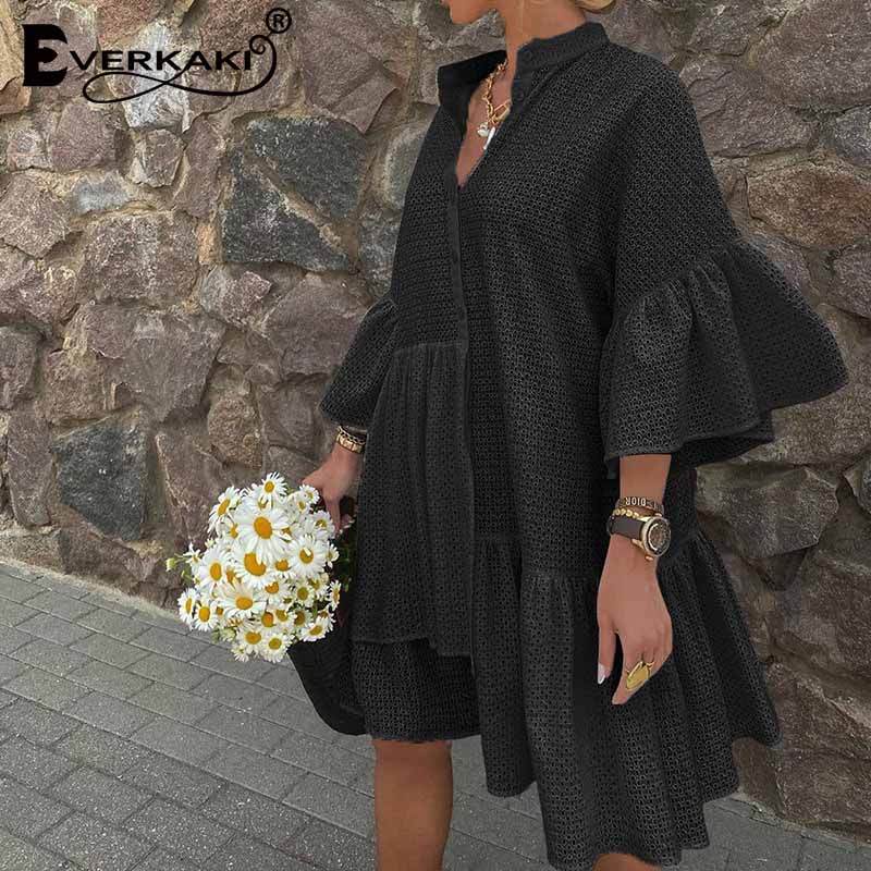 Everkaki lös miniklänning kvinnor sommar boho vestidos ihåliga volanger dam semester korta klänningar kvinnor: Svart / L