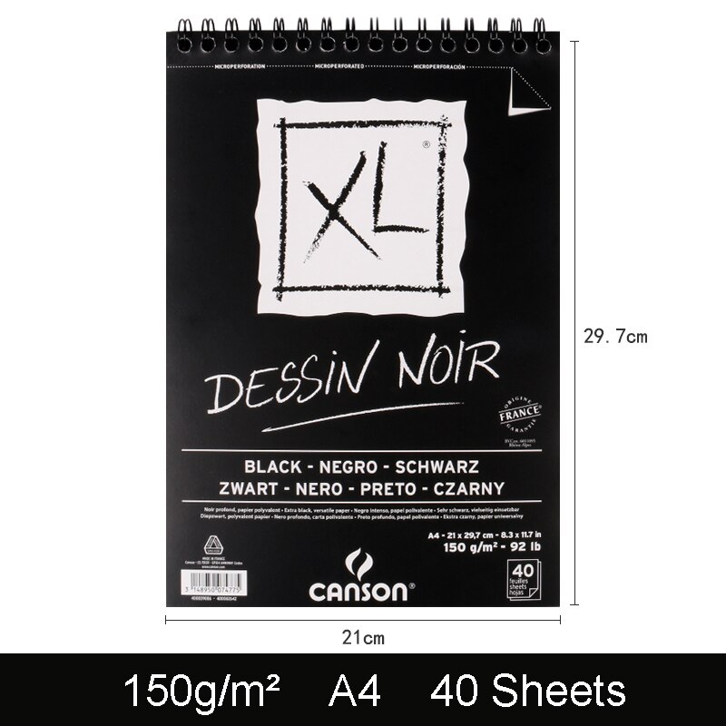 Canson XL – papier aquarelle A4 16K, papier pour croquis, livres, peinture acrylique, crayon de couleur, pour artiste et étudiant: Black Paper A4