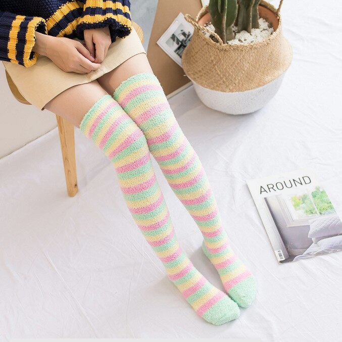 Women's Knee Socks Winter Coral Fleece Knee-socks Long Over Knee Cute Stockings Thick Warm Striped Socks: Green rainbow stripe