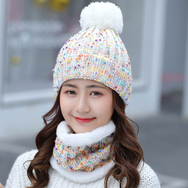 Moda inverno feminino cachecol conjunto de chapéu e cachecol para mulher menina quente beanies chapéu para meninas anel cachecol pompons chapéus de inverno: white