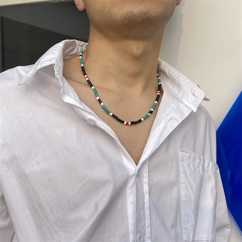 Vier-Kleur Kralen Ketting Mannen Mode Persoonlijkheid Eenvoudige Stiksels Rijst Kralen Ketting Party Accessoires