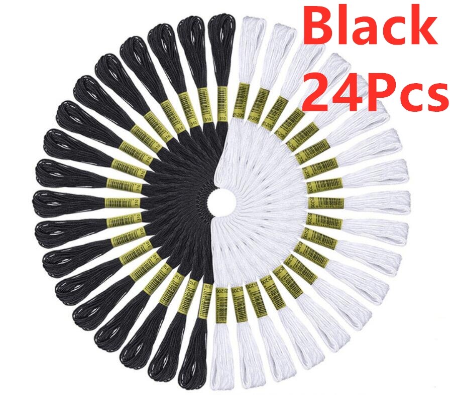 Embroidery Thread 447 Colors Embroidery Floss Cross Stitch Kit Premium Rainbow Embroidery DIY Threads Crafts Cotton Sewing Skein: Black 24 pcs