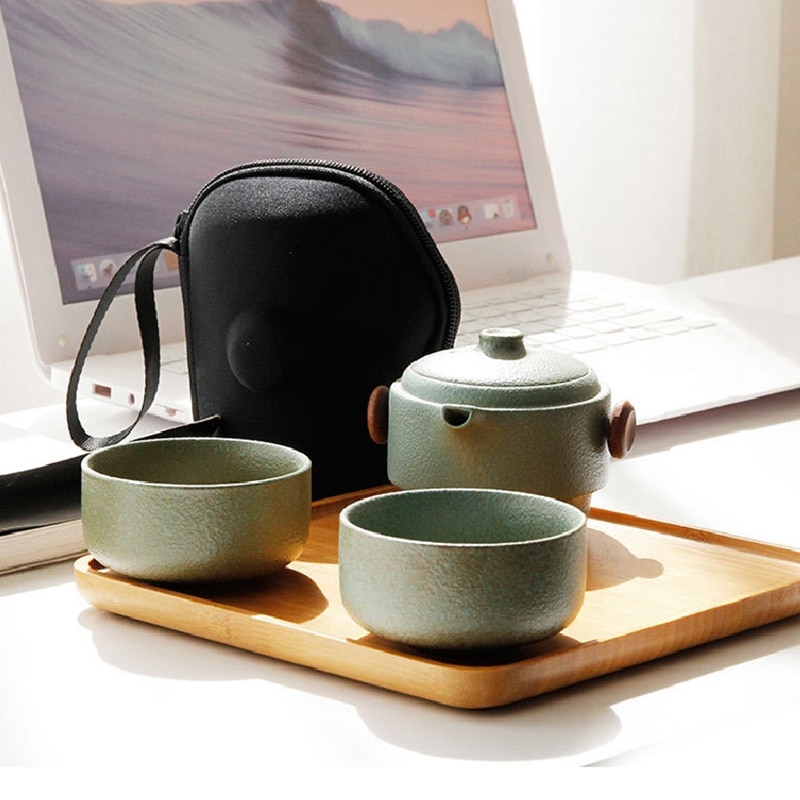 Japanese-Style Ceramic Teapot Lid Bowl Teacup Handmade Portable Travel Office Tea Set-Green