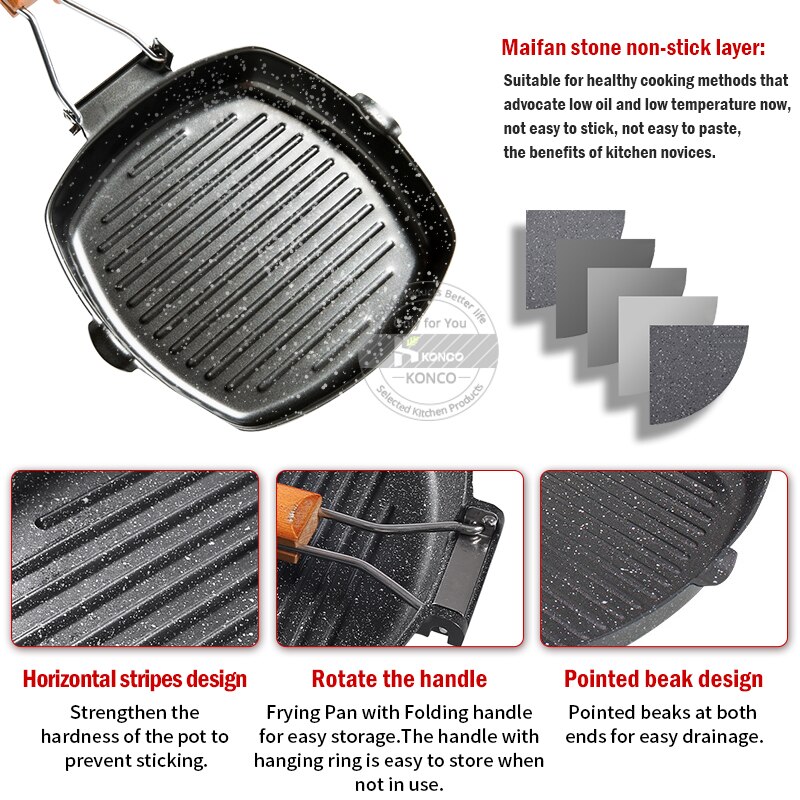 Konco biff stekepanne 20/24/28cm jern ikke-pinne sammenleggbar biff gryte phickened stripet firkantet grillplate kjøkkenverktøy