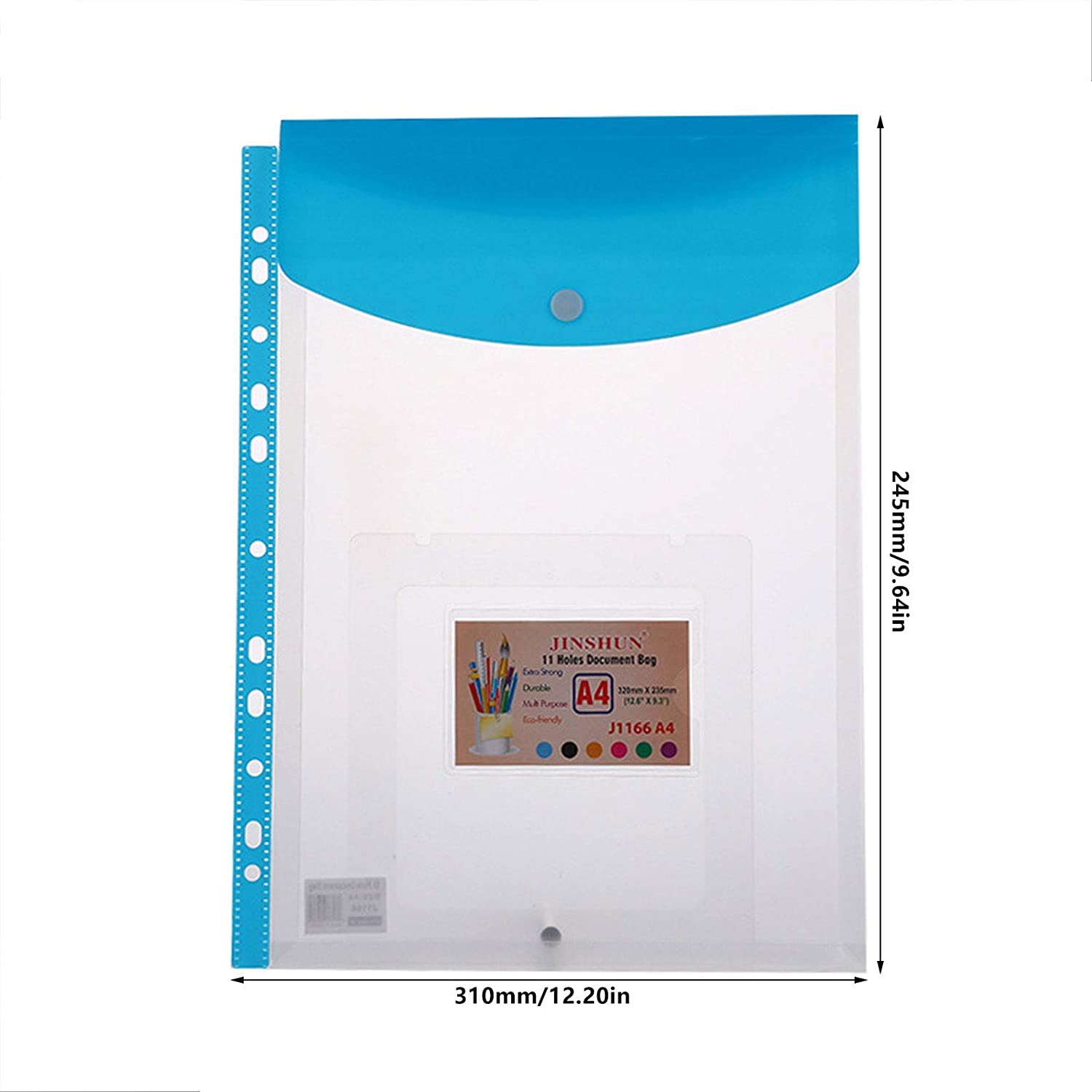 A4 Clear Plastic Punched Pockets with Button Closure for Home Office and School Files 11 Hole Binder Envelopes Folders Organizer