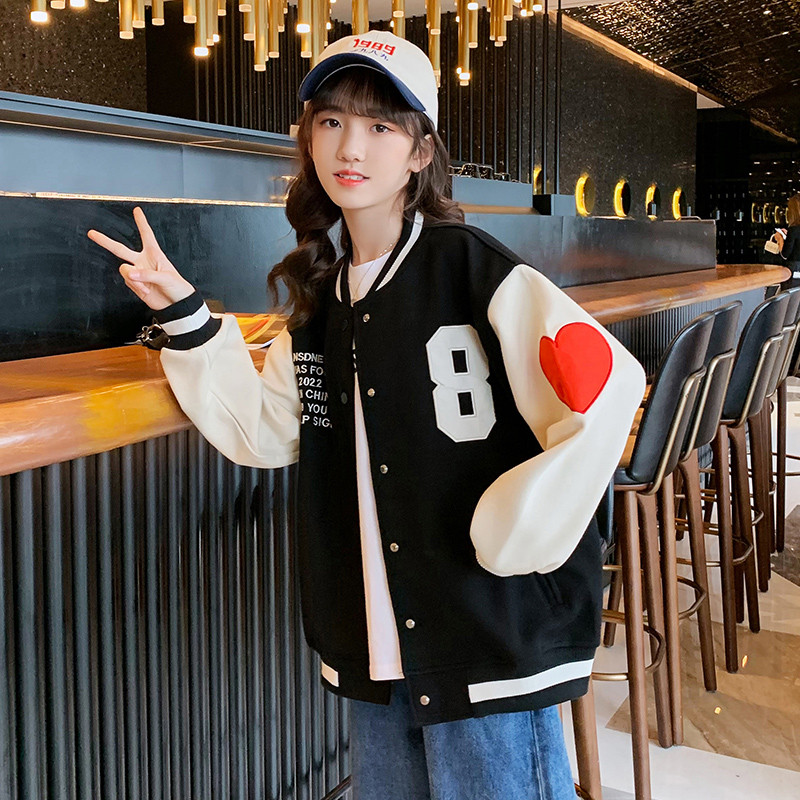 Chaqueta de béisbol con estampado de letras para niñas y adolescentes, chaqueta de béisbol con patrón de corazón, cárdigan grande, prendas de vestir, abrigos, color negro y azul, Primavera