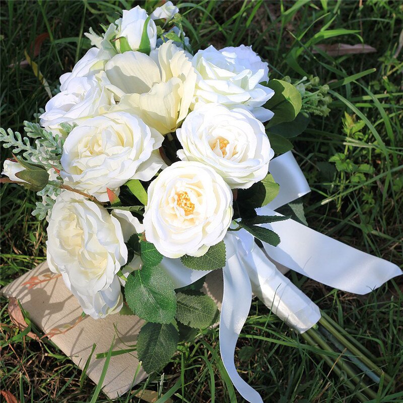 Rose Bridal Bloemen Kunstmatige Bruidsboeketten voor Bruiden Casamen Lint Bruiloft Bloemen Broche Boeketten Boeket De Mariage