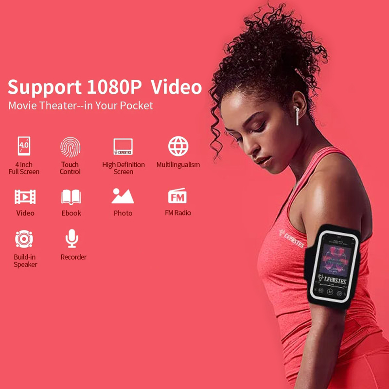4 Inch UI MP4 Music Player Touch Screen 16GB BT 5.0 with Speaker 1080P Video Ebook FM MP3 Audio Player Portable For Walkman