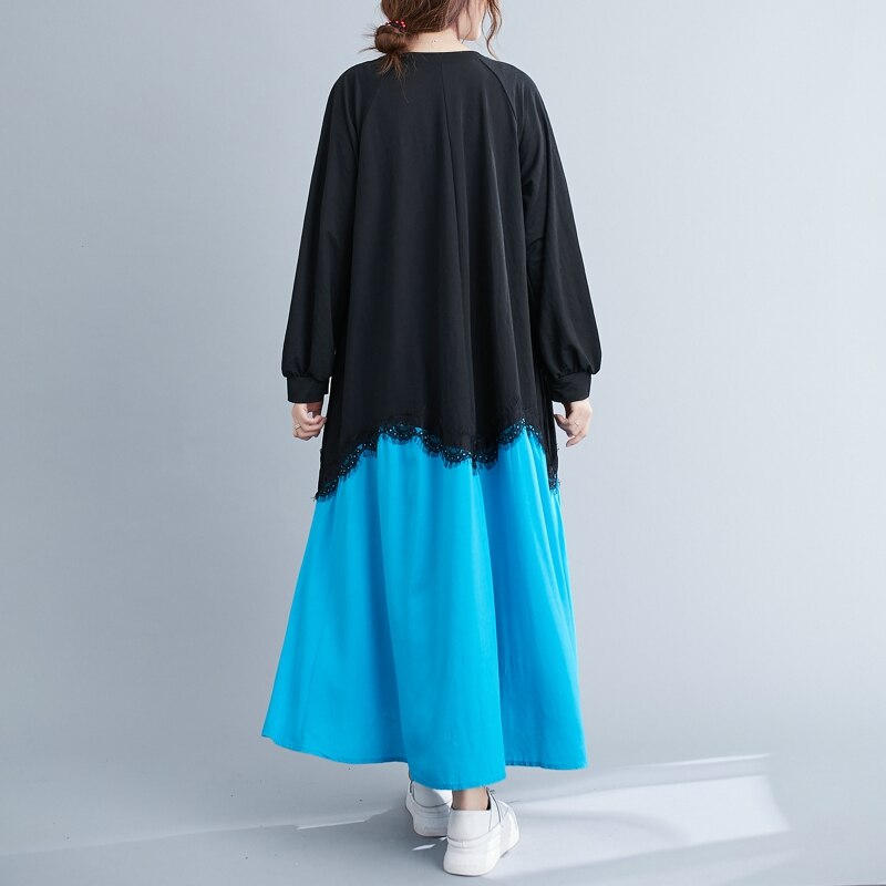 Dimanaf outono plus size vestido feminino a linha de renda emendado vestidos femininos elegante senhora vestido solto manga comprida vestido roupas