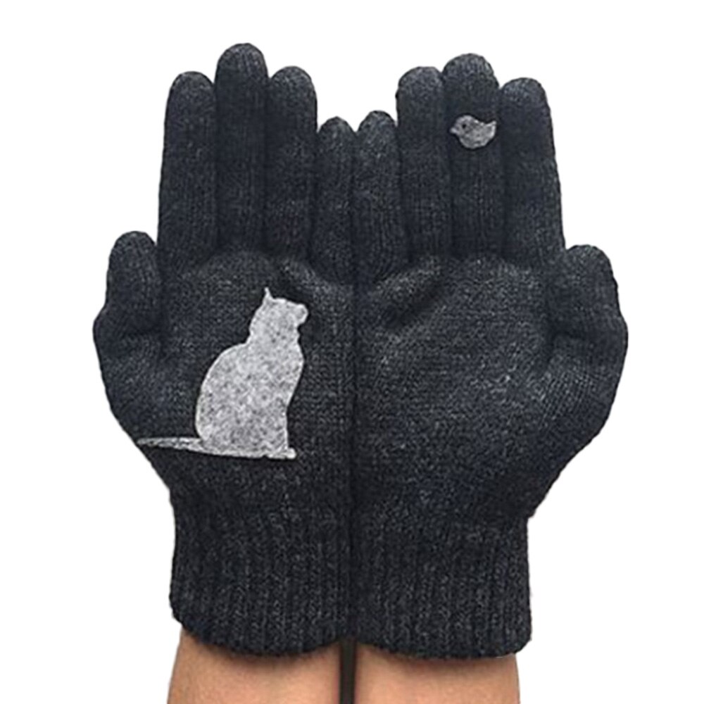Vinter kvinder handsker kawaii kat fugl print patchwork uldne holde varmen handsker afslappet udendørs sport: Sort