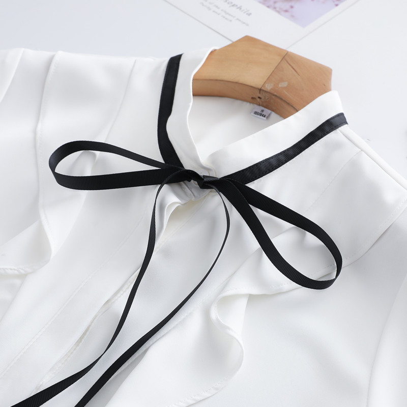 Light Blue Shirt Women Autumn Retro Long Sleeve Stand Collar Ruffles Chiffon Blouses Office Ladies Work Tops