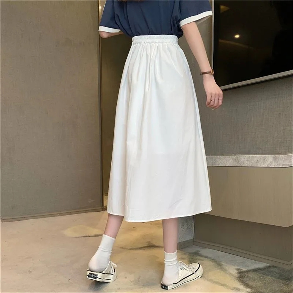 Letnia jednokolorowa plisowana spódnica wysokiej talii guziki żółte niebieskie białe długie spódnice damskie koreańskie Casual dzikie spódnice trapezowe Streetwear
