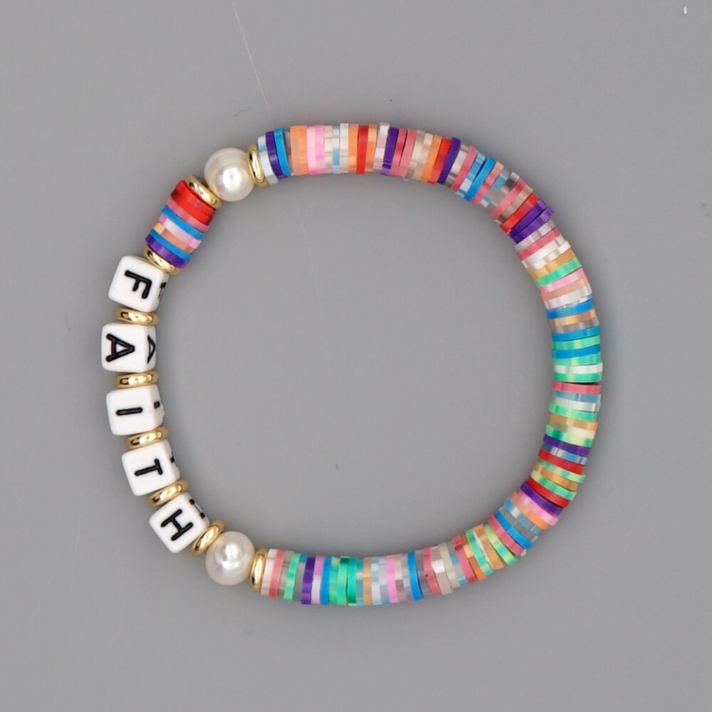 GO2BOHO Rainbow Polymer Clay Bracelets Faith Letter Heishi Beads Bracelet For Women Summer Beach Real Pearl Pulsera Jewelry: QT-B200145E