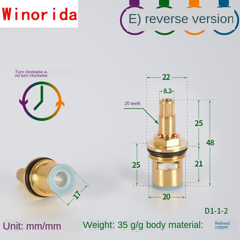 Faucet Copper Valve Core and Cold Water Fast Opening Triangle Valve Switch Ceramic Valve Core Copper Head Repair Parts: Section E reverse