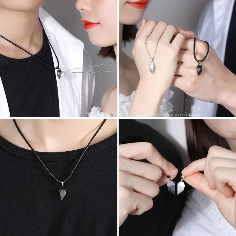2Pcs Minimalist Lovers Matching Friendship Heart Pendant Couple Magnetic Distance Faceted Heart Pendant Necklace Jewelry