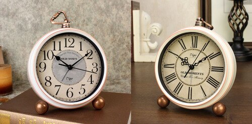 Small Retro Desk Clock Silent Metal Alarm Clock Bedroom Desktop Clock Roman Numerals Relogio Mesa Wrought Clocks AC50TC: Style11-2pcs