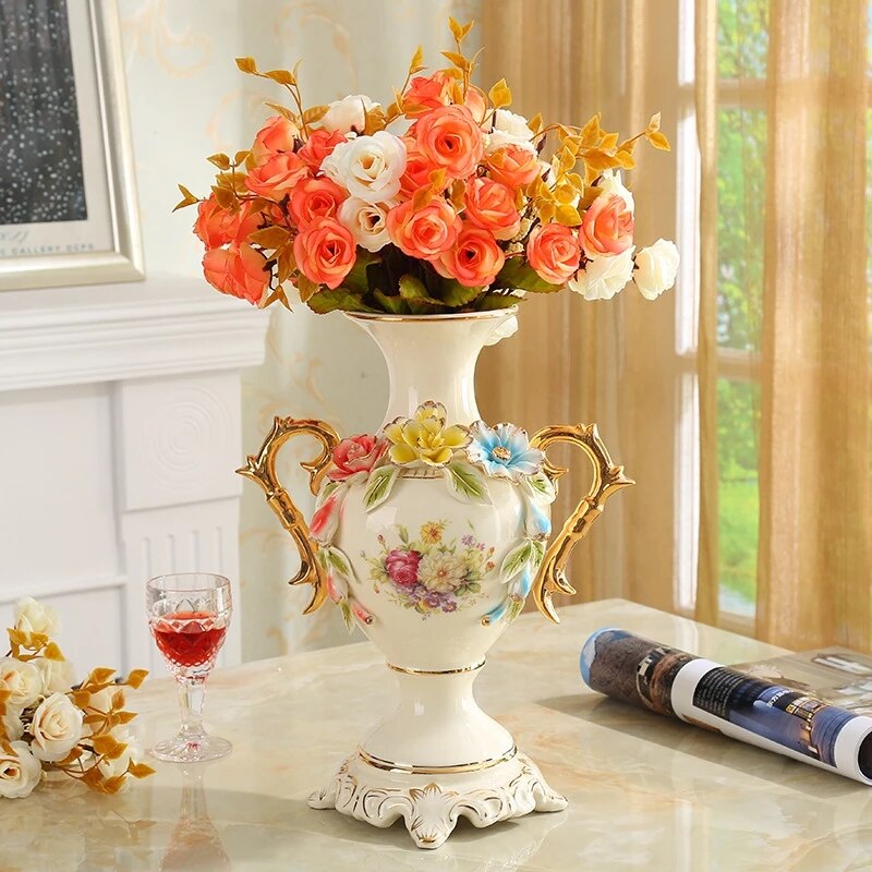 Fanquare Vintage Bloemen Porseleinen Vaas - Handgemaakte Keramische Tafeldecoratie Met Gouden Rand 30x15cm
