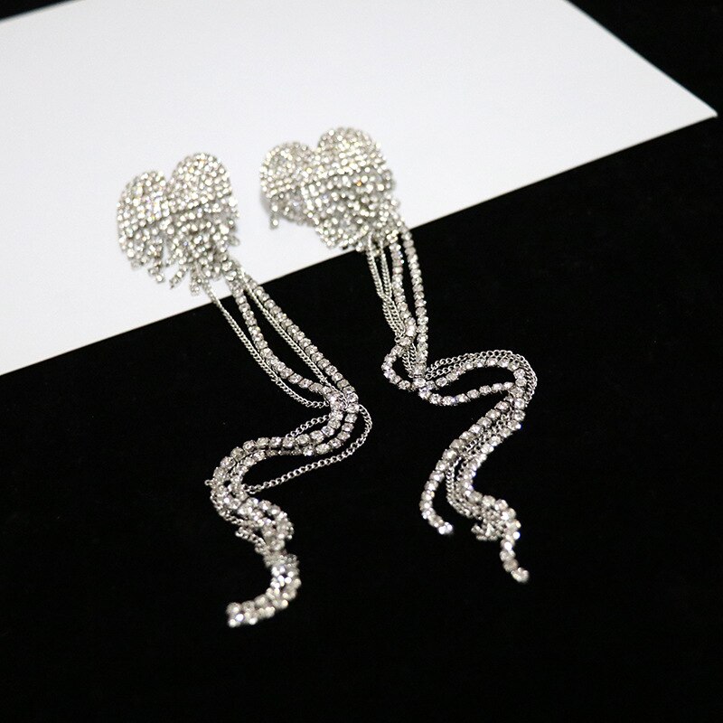 Full Rhinestone Bangs Shining Woman Earrings Long heart Luxurious Crystal Hyperbole Korean Earring Pendant