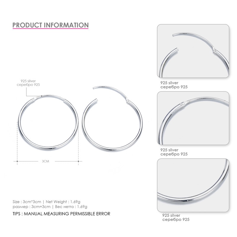 Cc solid 925 zilveren creolen voor dames 15mm-70mm ronde cirkel klassieke grote kantoor carrière oorbel eenvoudig fijne sieraden cce 529