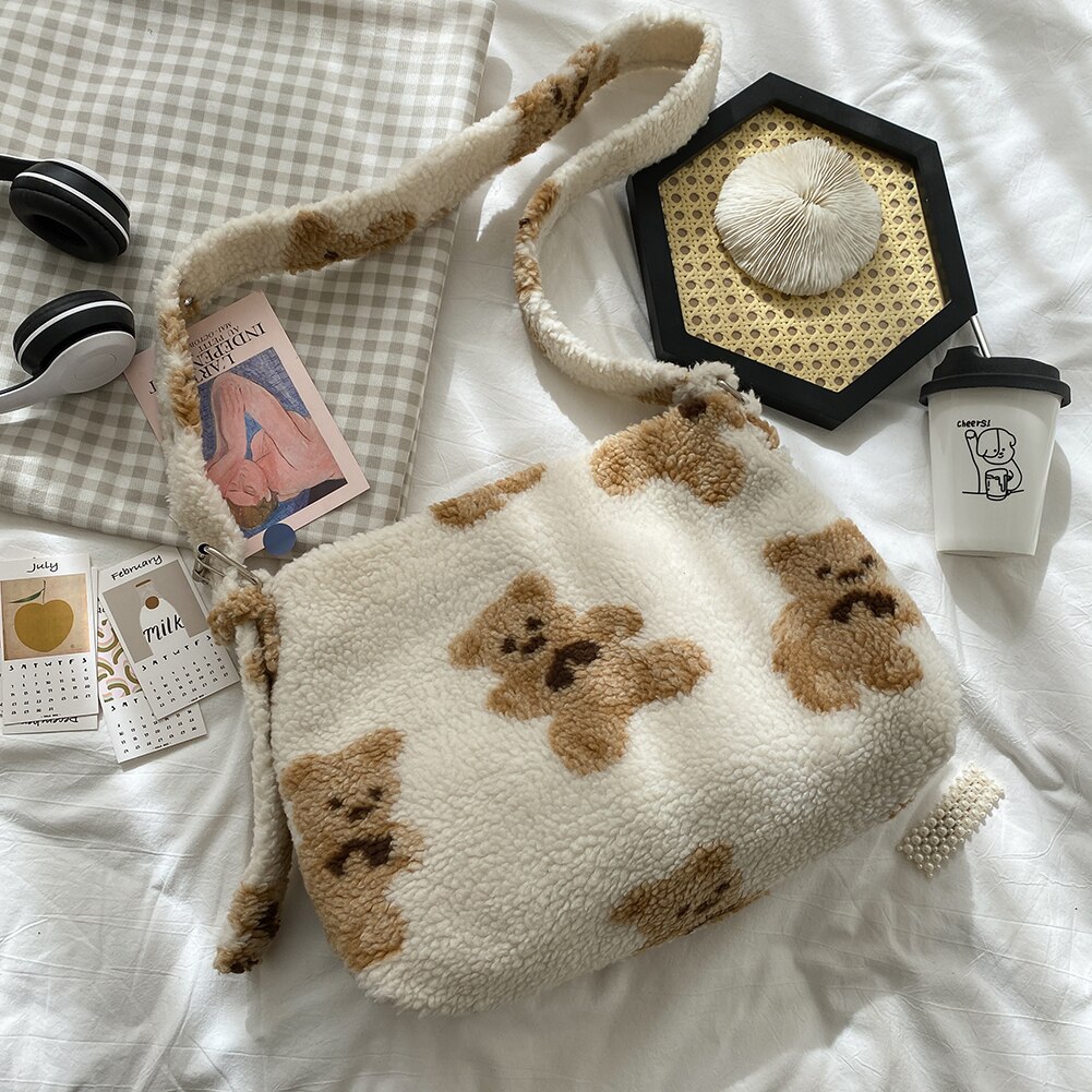 Winter Warm Lamb Fleece Shoulder Bags For Women Cute Cartoon Bear Printed Handbag Female Large Capacity Tote Bags bolsos: White