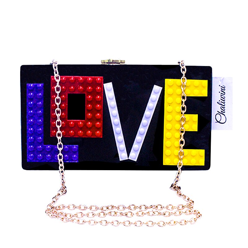 Liefde Letters Zwart Acryl Vrouwen Avond Clutch Bag Keten Schouder Handtassen Crossbody Hardcase Koppelingen Wedding Party Prom Purse