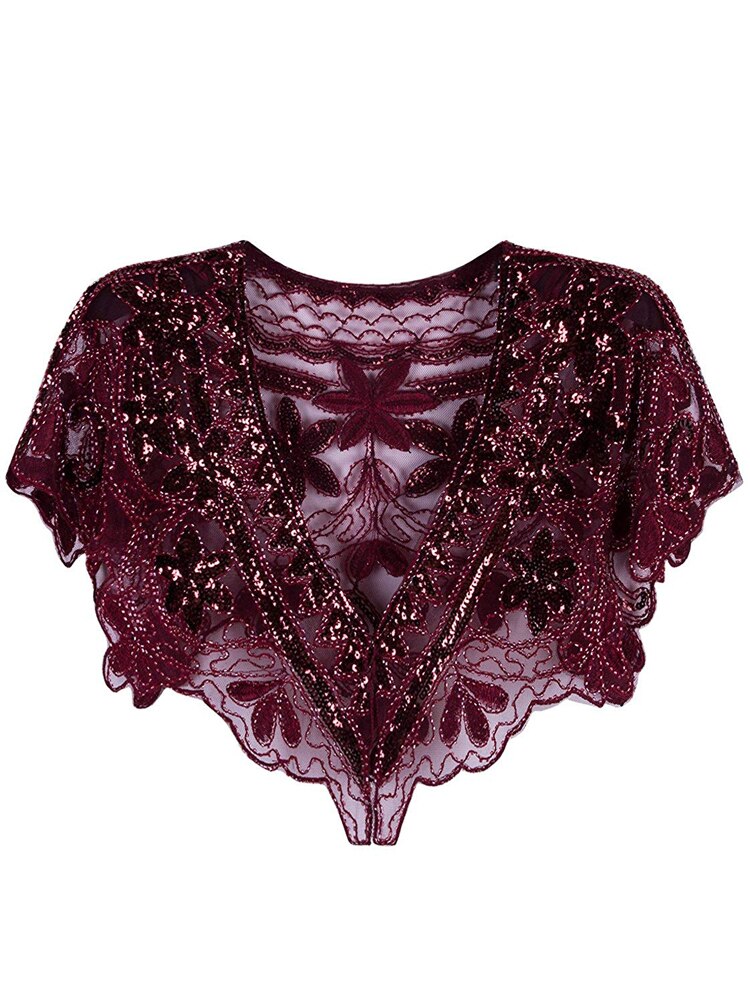 Capa corta con cuentas de lentejuelas para mujer, chal con Flapper de los años 1920, decoración de cuentas, Vestido corto de malla para de Gatsby, accesorio Vintage: Burgundy