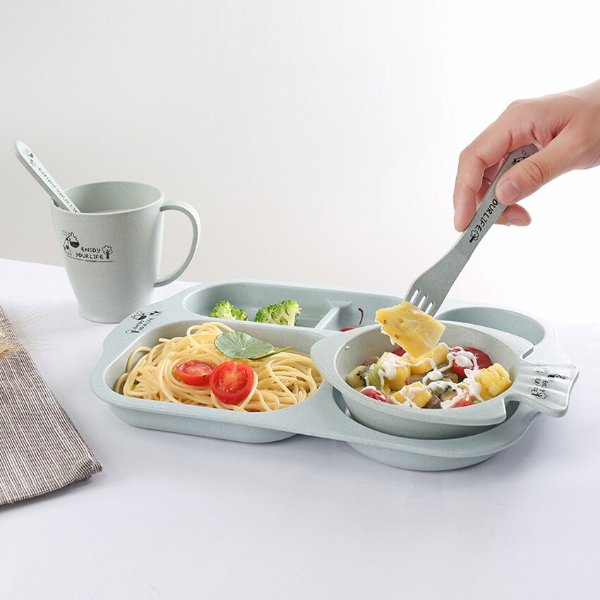 5Pcs Child Tableware Wheat Straw Sange Snack Tray with Spoon Fork Cup Skid Platter Tableware Baby Eating Supplies Beautiful Tray